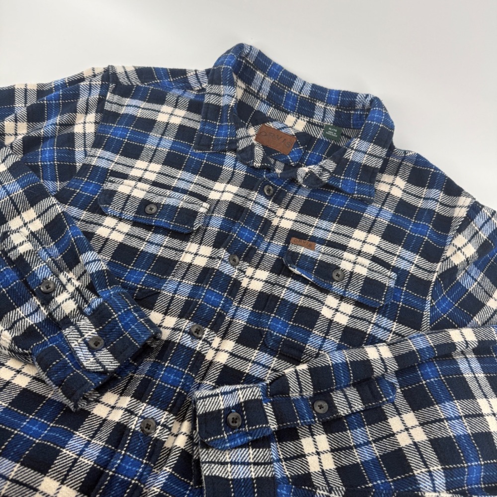 Orvis Mens XL Blue Plaid Flannel Shirt Long Sleeve Cotton Button Down Pocket